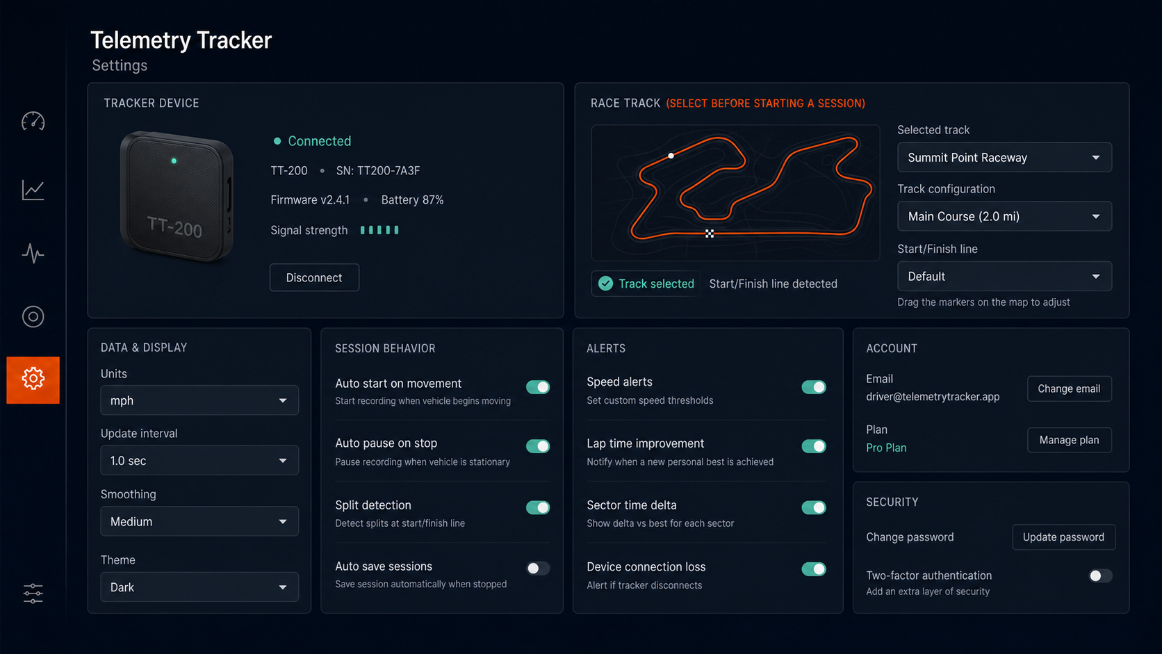 Illustrative Telemetry Tracker settings view for tracker, track, alerts, and account preferences